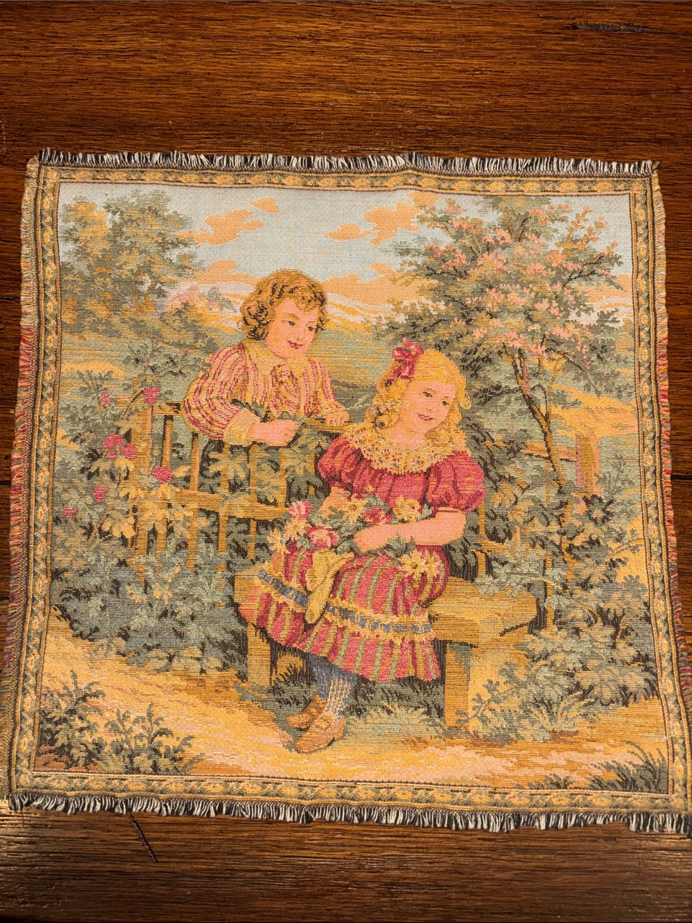 Vintage French mini tapestry Woven Victorian 10” x 10”
